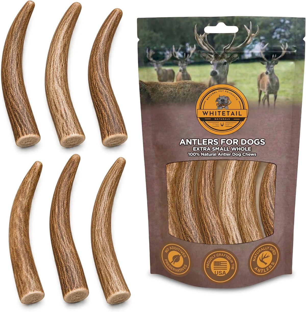 WhiteTail Naturals 12 Pack Whole Deer Antlers for Petite Dogs Up - Petite (Pack of 6)