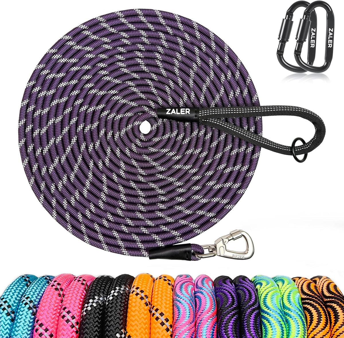 ZALER Long Dog Leash, 50 feet 30ft 20ft 15ft 10ft Dog Training Lead, Heavy Duty Reflective Check - Purple / 20FT*2/5"