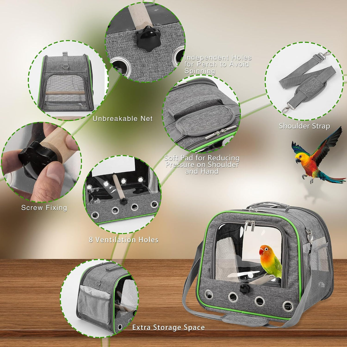 Small Bird Carrier, Large Window Travel Cage with Stand and Easy Clean Tray for Parrot Parakeet - Grey - image 4