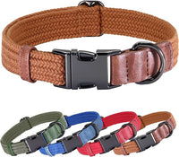 PET ARTIST Soft Cotton Dog Collars for Small Dogs in Rustic Brown, Simple Dog Collar with Quick Release Metal Buckle & D Ring, S Size (10-16")