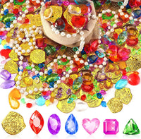 MARFOREVER pirate treasure pool toys with colorful gems, gold coins, pearl necklaces and drawstring bag