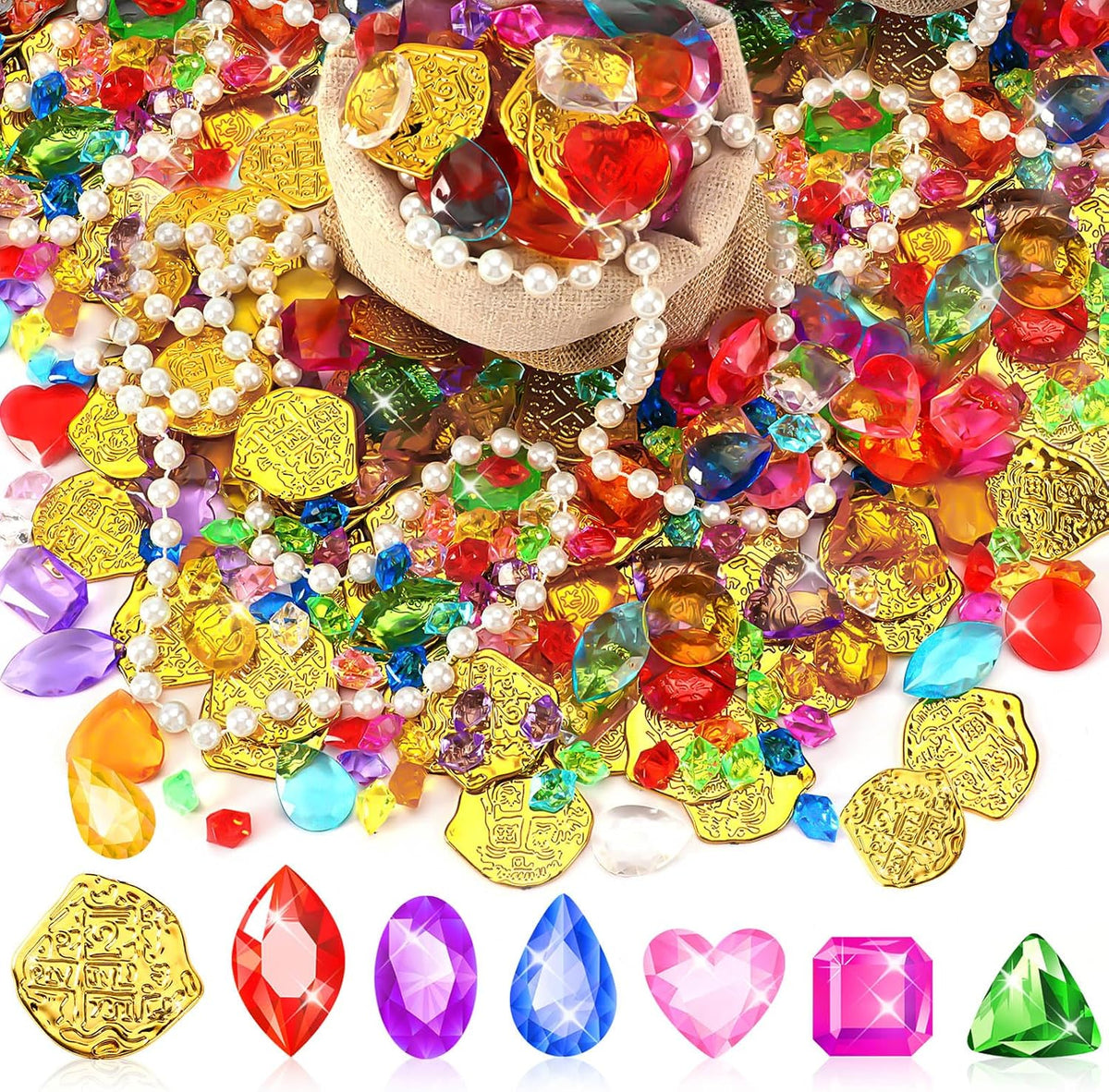 MARFOREVER pirate treasure pool toys with colorful gems, gold coins, pearl necklaces and drawstring bag