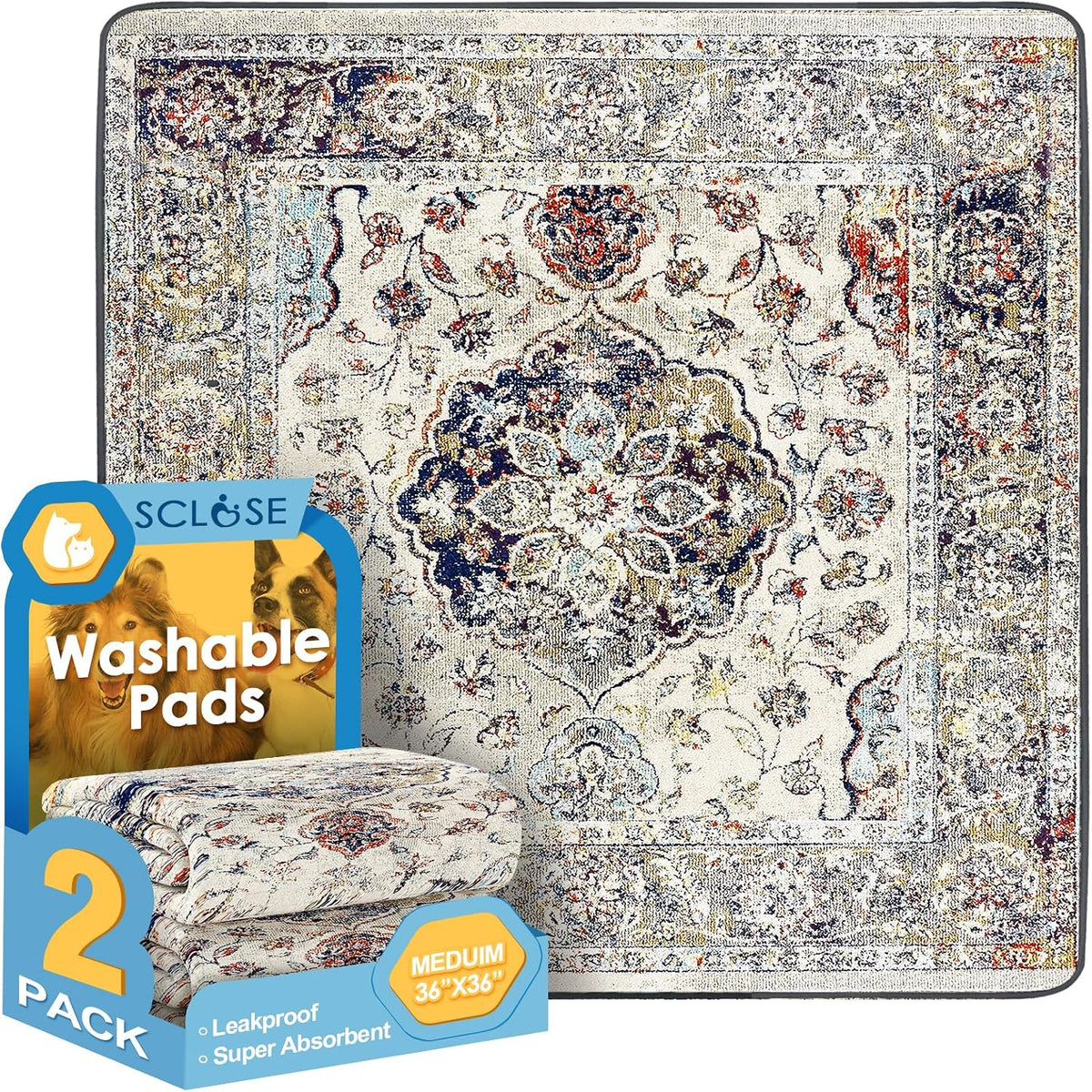 Washable Pee Pad for Dogs - Vintage Medallion / 36" x 36" (2 Pack)