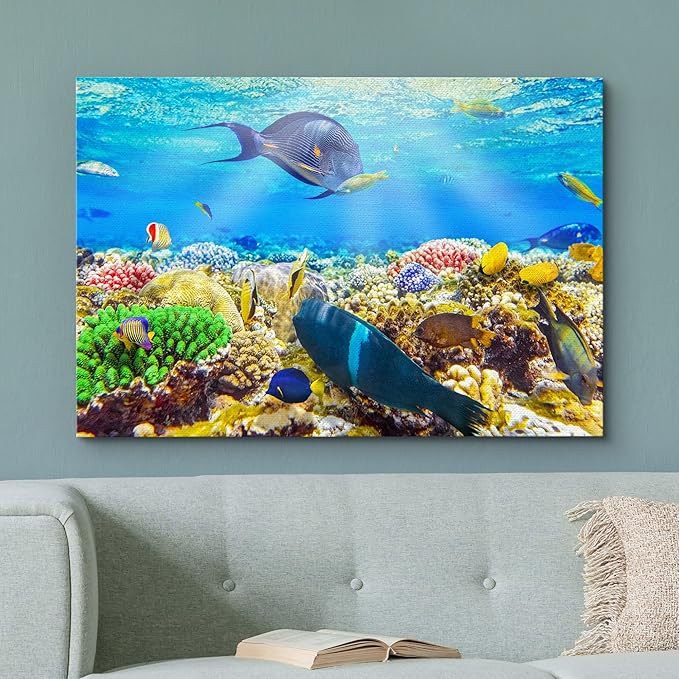 wall26 Canvas Print Wall Art Sunlight Ocean Sea Coral Reef Anemone Fish Nature Animals Photography Realism Rustic Scenic Landscape Wilderness Earth for Living Room, Bedroom, Office - 12"x18"