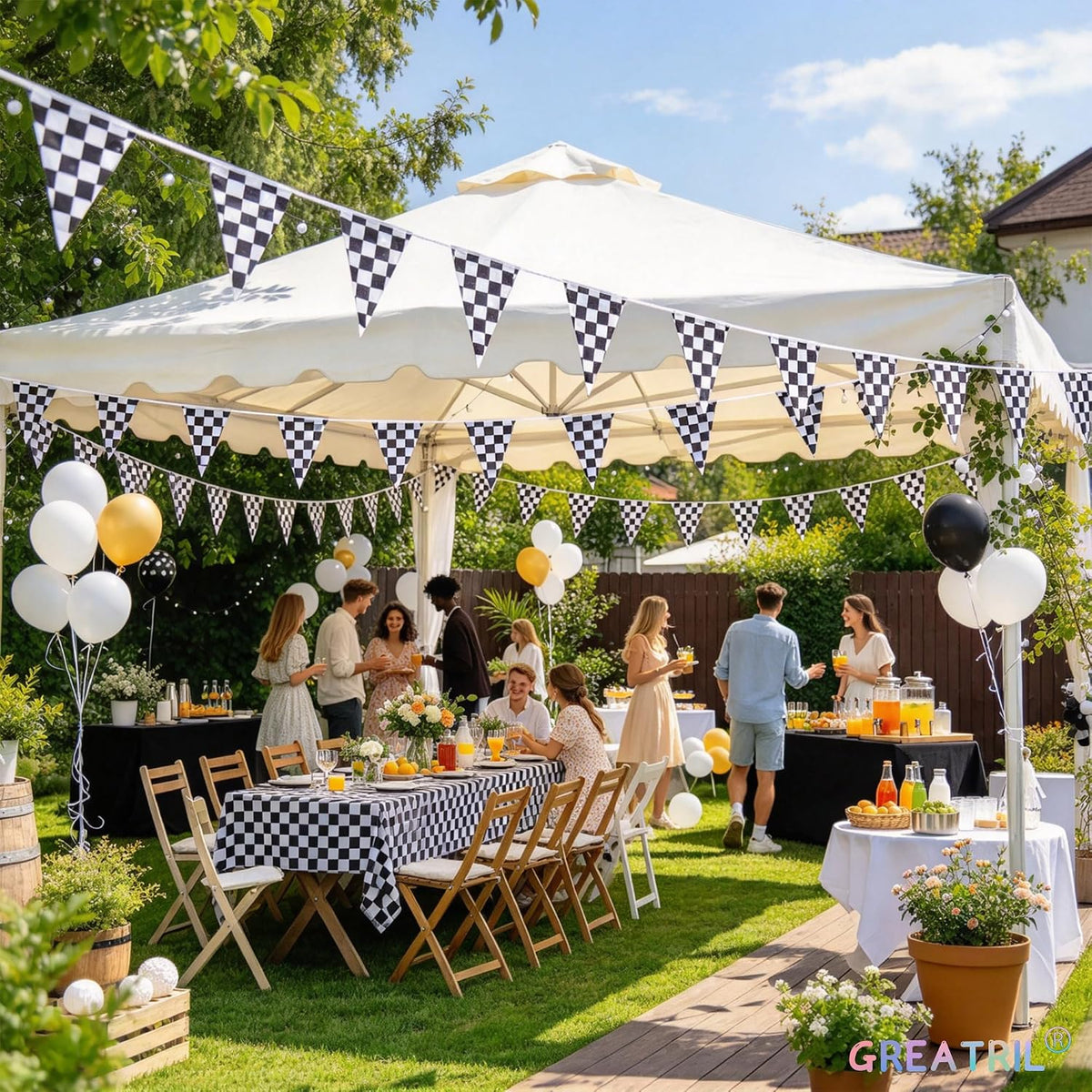 Pennant Banner Flags Pastel for Birthday Classroom Outdoor 4 Strings – Fun for Kids & Family - Black White Checkered - image 3