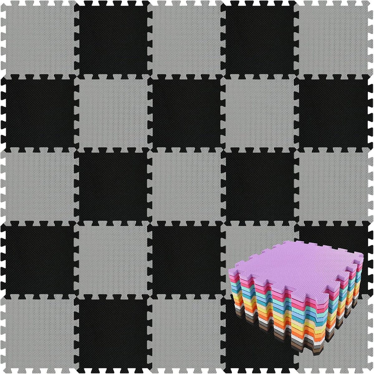 qqpp EVA Rubber 18 Tiles Interlocking Puzzle Foam Floor Mats - 18 Tiles / 2 Black, Gray