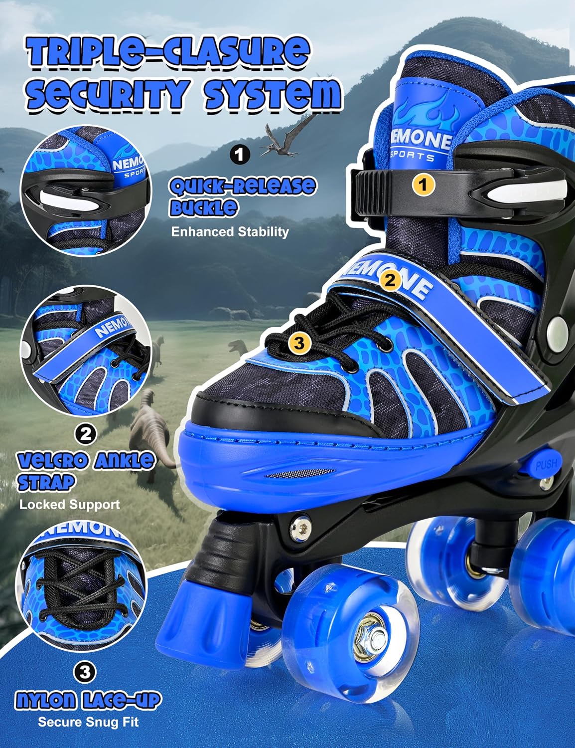 NEMONE Mermaid Adjustable Light up Roller Skates for Girls Boys – Fun for Kids & Family - B- Shadow Dinosaur / Small - Little Kid - image 2