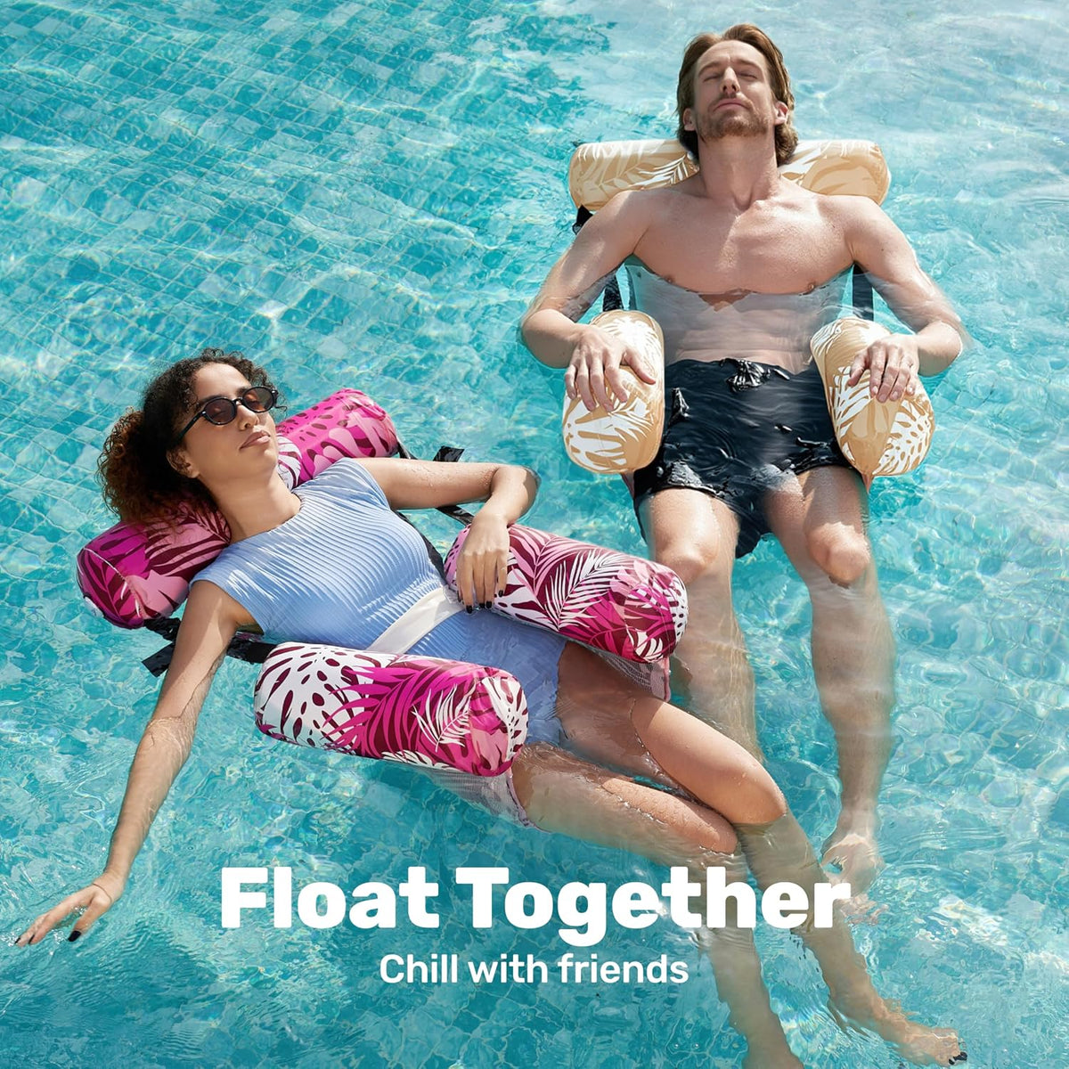 SLOOSH Inflatable Pool Floats Adult - Champagne, Pink-Tropical Leaves - image 3