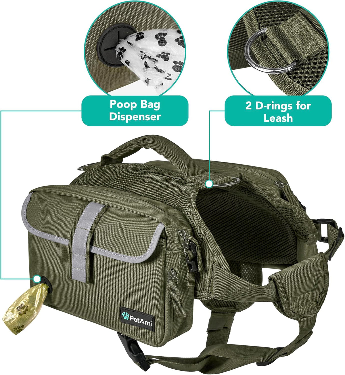 PetAmi Dog Backpack for Medium Large Dogs, Hiking Saddle Bag - Large / Olive Canvas - image 4