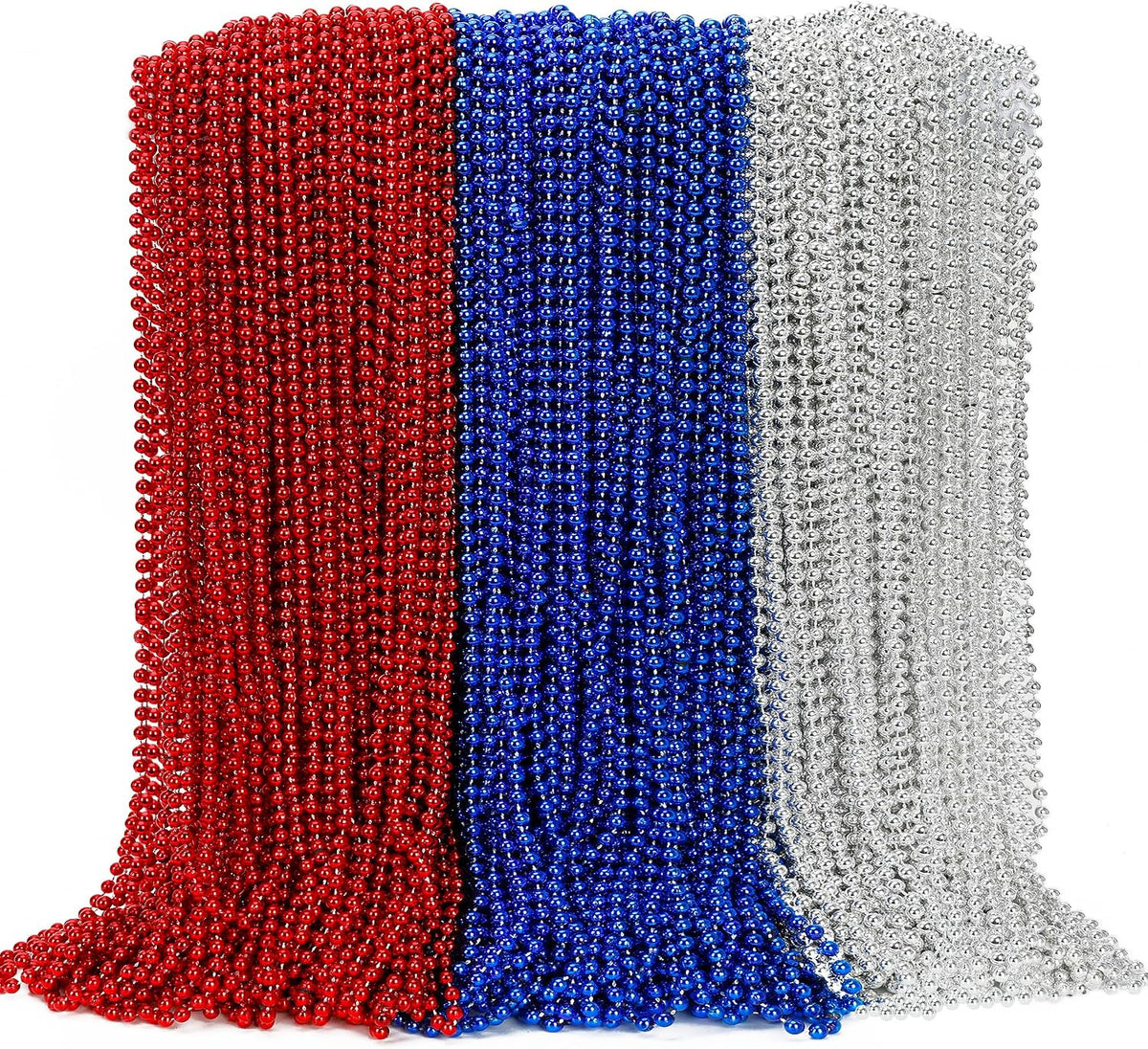 100PCS Bead Necklace, Gold Mardi Gras Beads Party Stuff - Red Silver and Blue