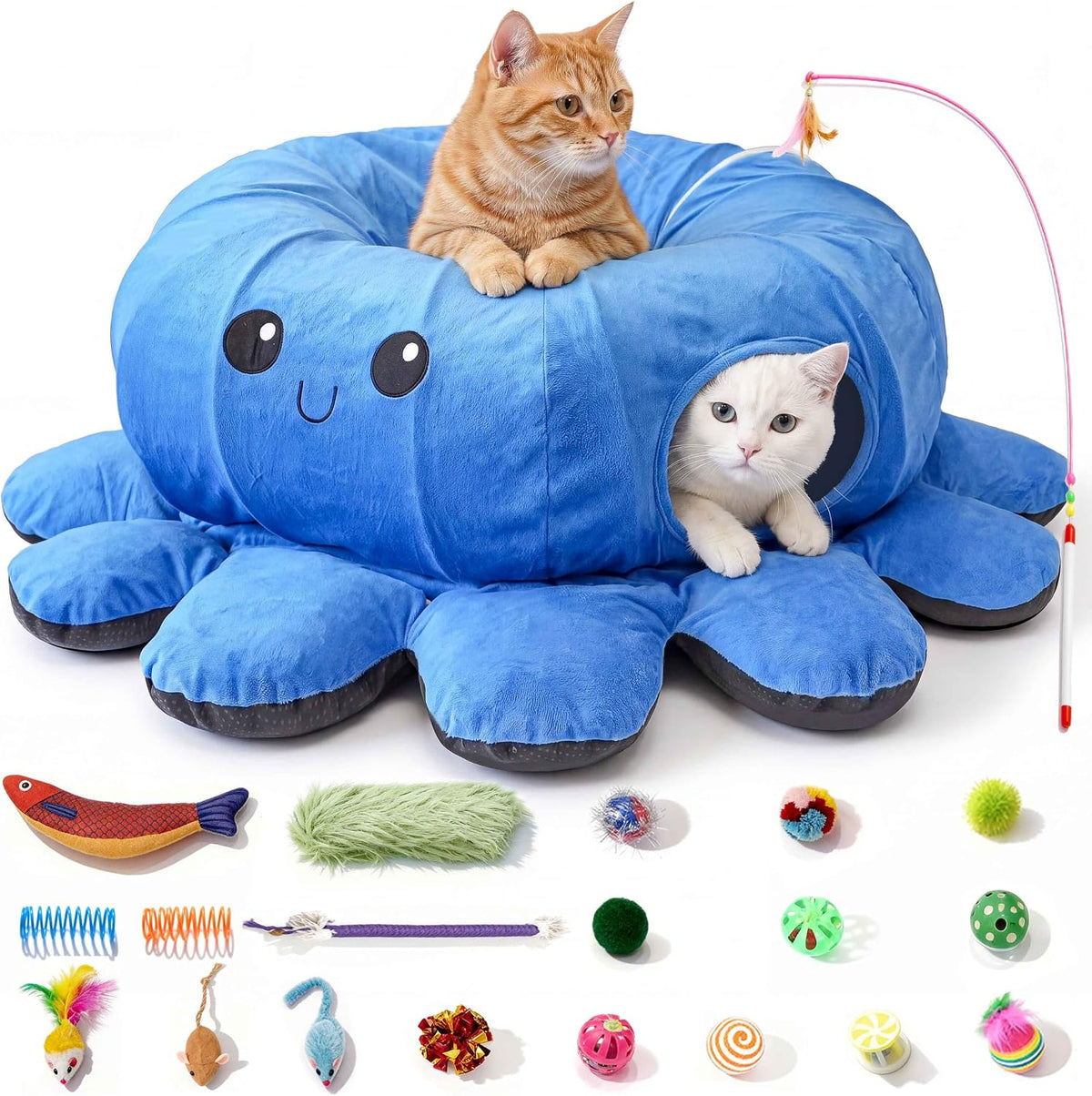 Cat Tunnel Bed with 20 Cat Toys, Kitten Toys for Indoor Kittens - Blue / Large