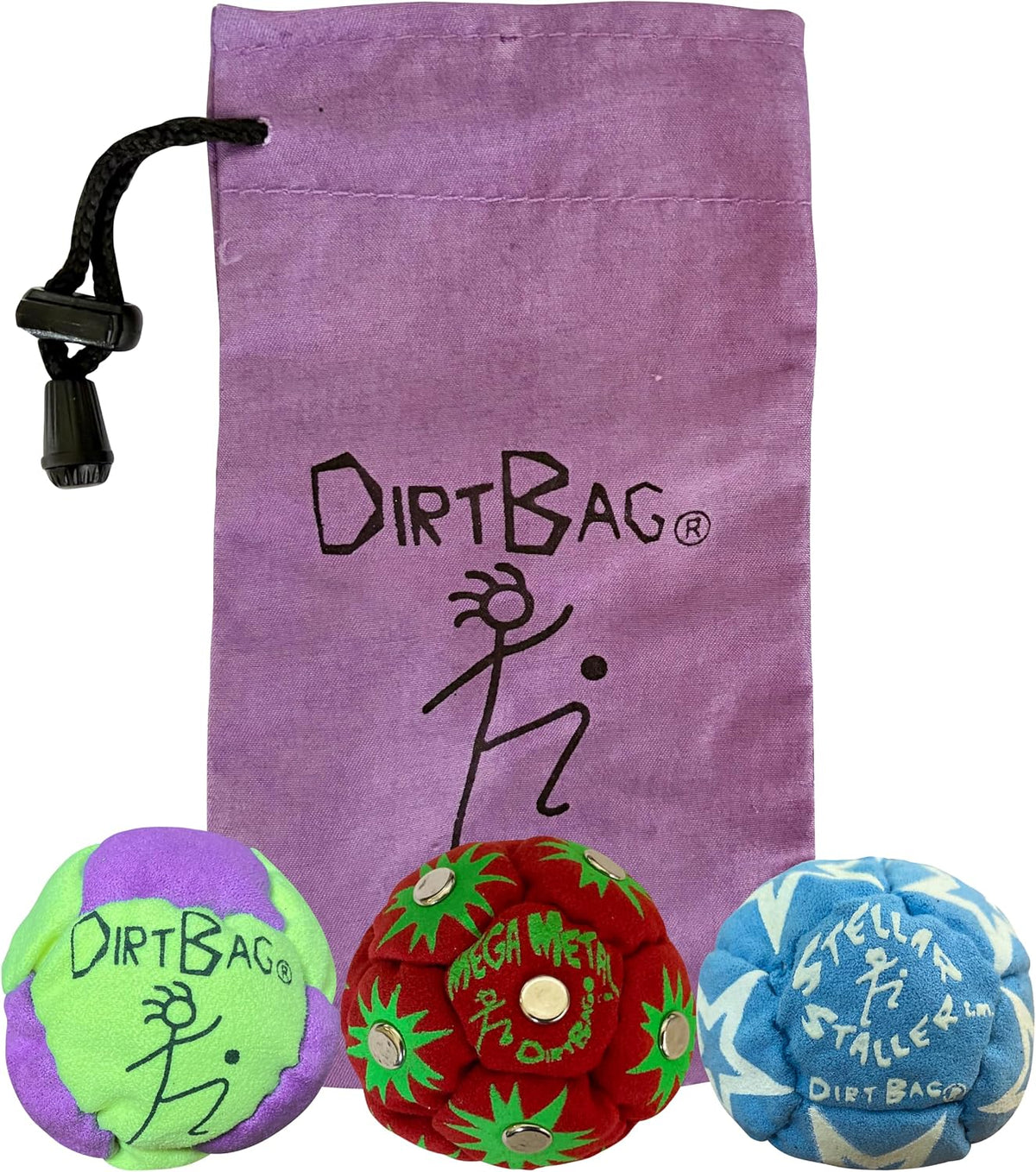 DIRTBAG All Star Footbag 3 Pack with Pouch, 100% Handmade - Neon/Purple