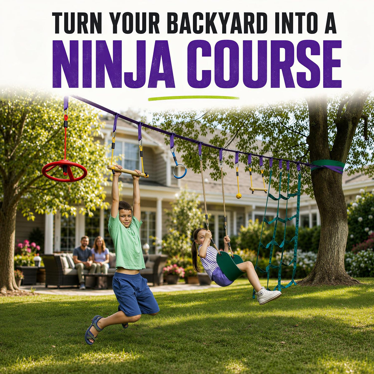 Ninja Warrior Obstacle Course Kids Outside - Purple / 55ft Double Line Kit – 10 Obstacles - image 2