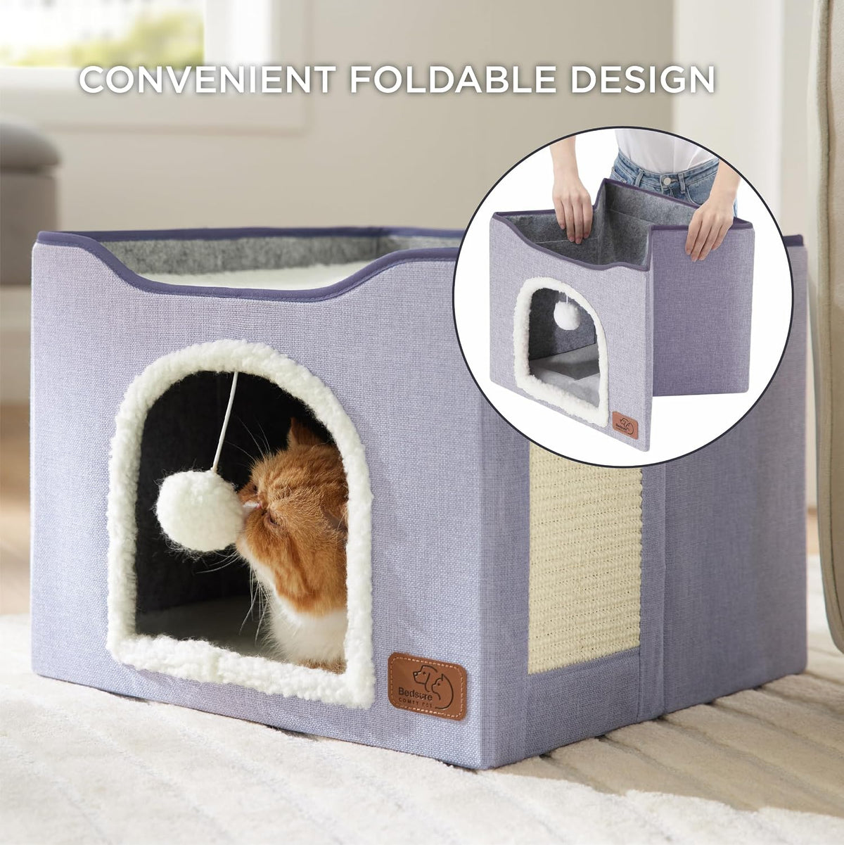 Bedsure Cat House Bed for Indoor Cats with Fluffy Ball and Scratch Pad - Cloud Purple / Single - image 4