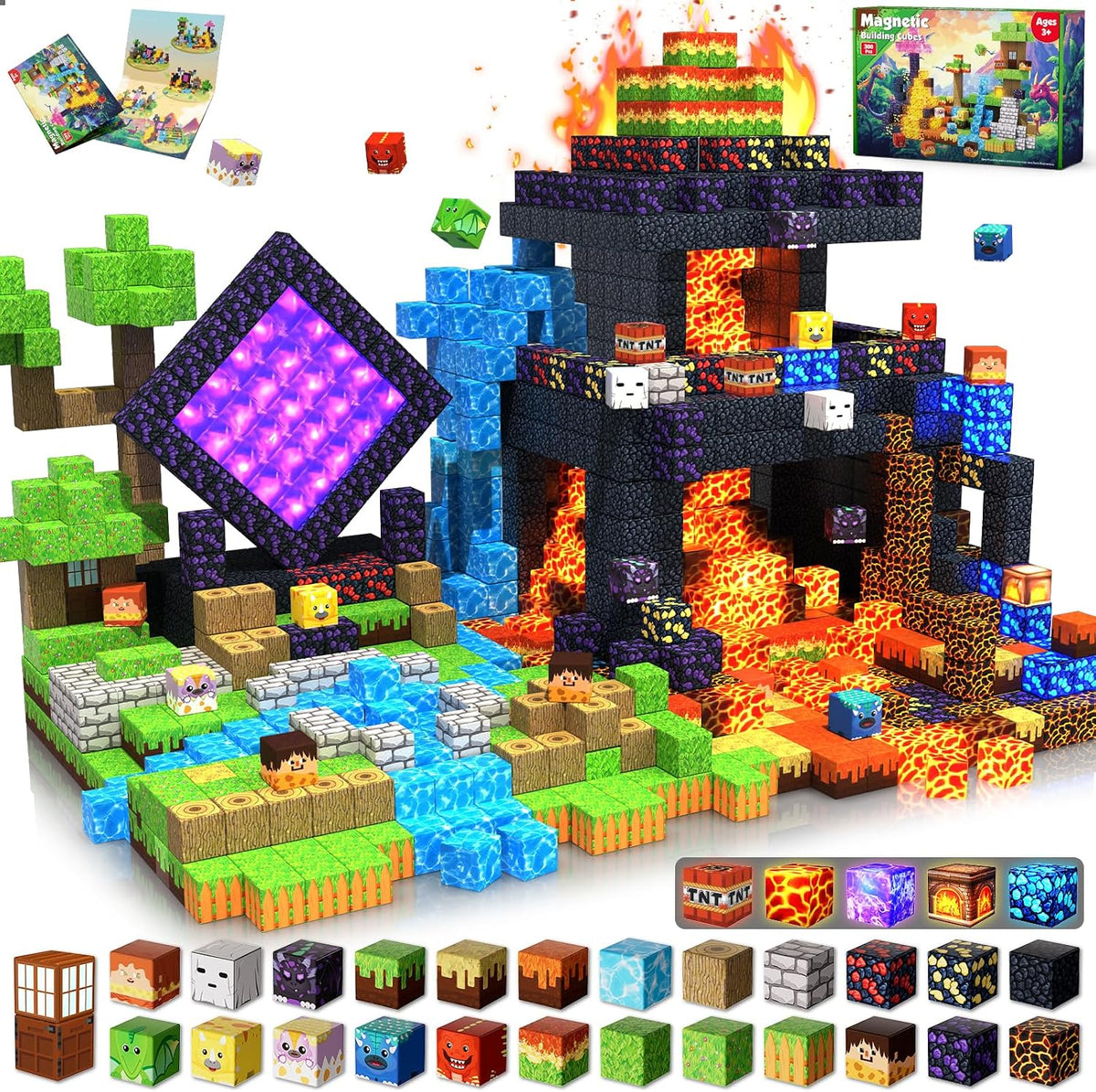 GraceDuck 300 PCS Magnetic Blocks, Magnetic Building Blocks - 300pcs Led Glowing Volcano