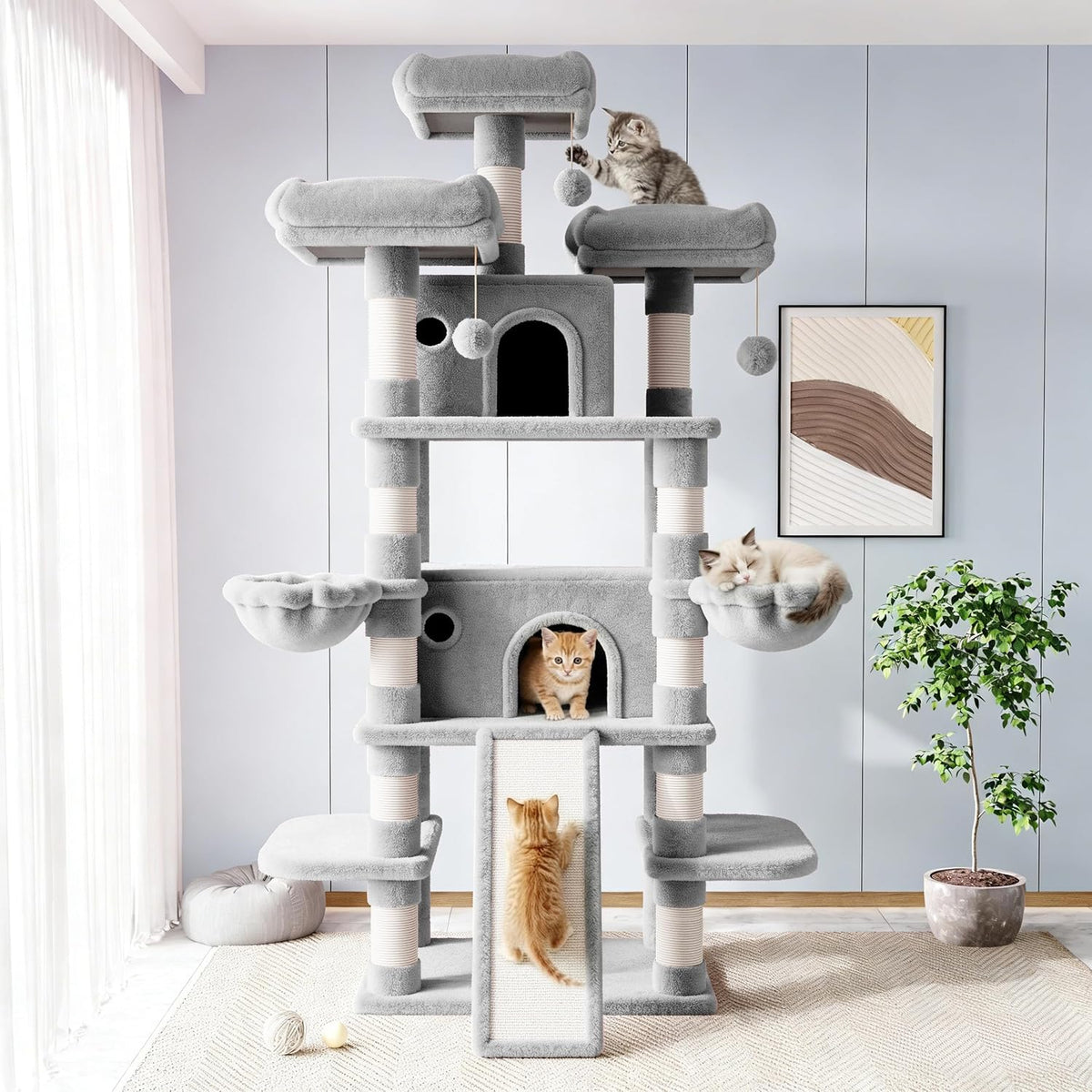 Allewie 68 Inches Cat Tree/House and Towers for Big Feline/Scratching - 82 in / Light Grey - image 2
