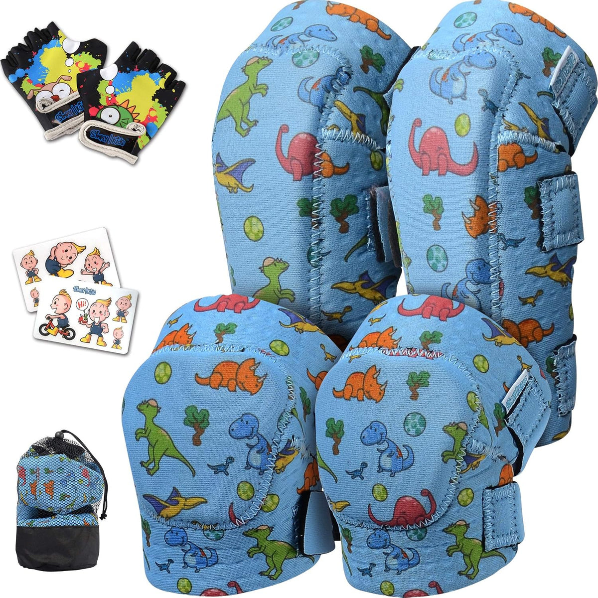Soft-Style Kids Knee and Elbow Pads with Bike Gloves - Small / Dinosaur