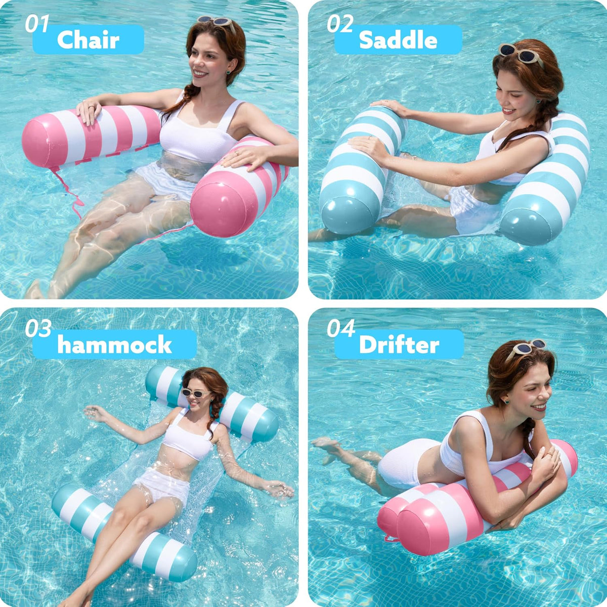 SLOOSH 2 Packs Hammock Pool Floats Adults - Strip-Aquablue, Pink - image 2