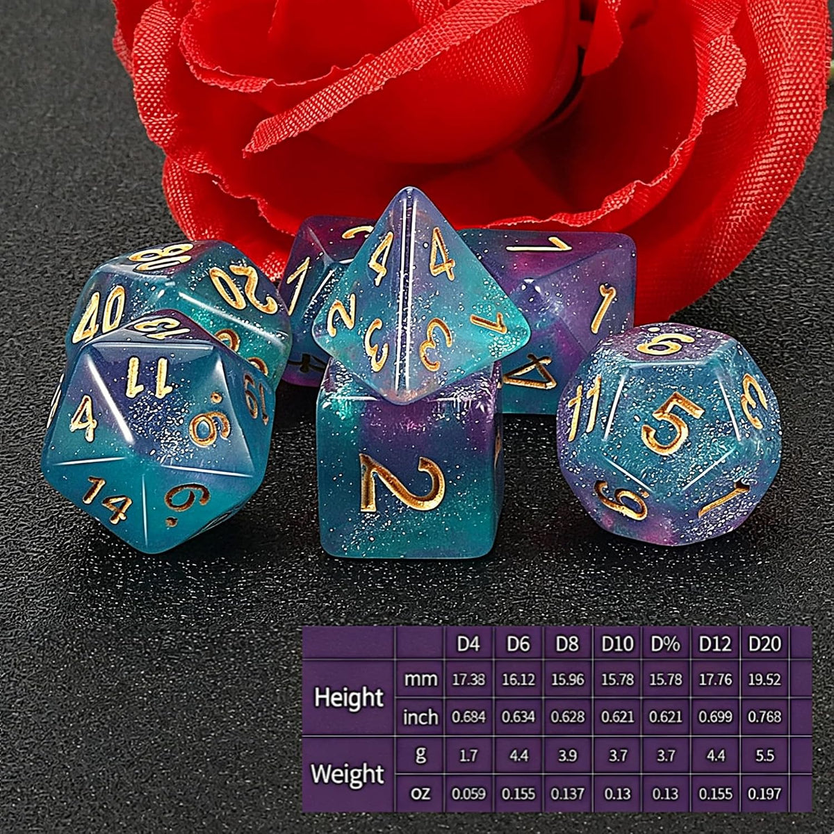 QMAY DND Dice Set - 7Pcs Blue Mix White Polyhedral Dice with Black Dice Bag – Fun for Kids & Family - Purple Light Blue Glitter - image 3