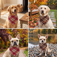 Two red and brown plaid fall dog bandanas with fringe edges, large - view 2