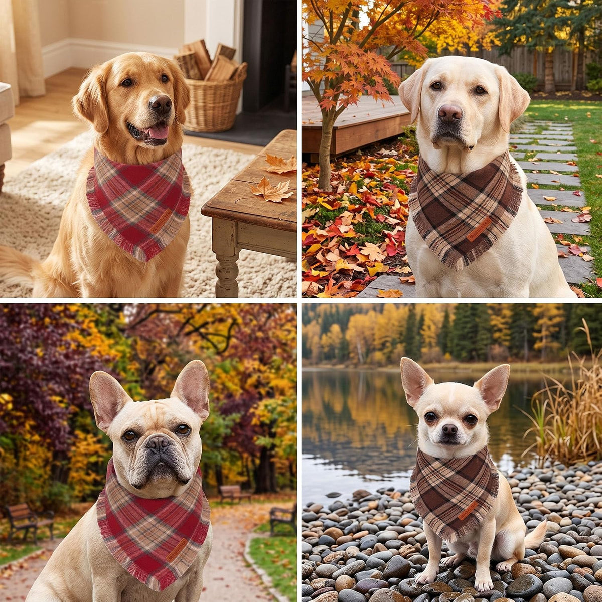 Two red and brown plaid fall dog bandanas with fringe edges, large - view 2