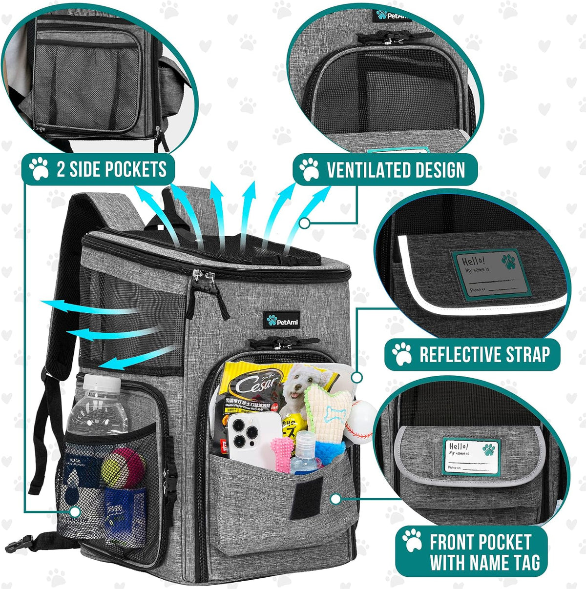 PetAmi Dog Backpack Carrier - Heather Gray / 12.5"L x 12.0"W x 16.5"H - image 4