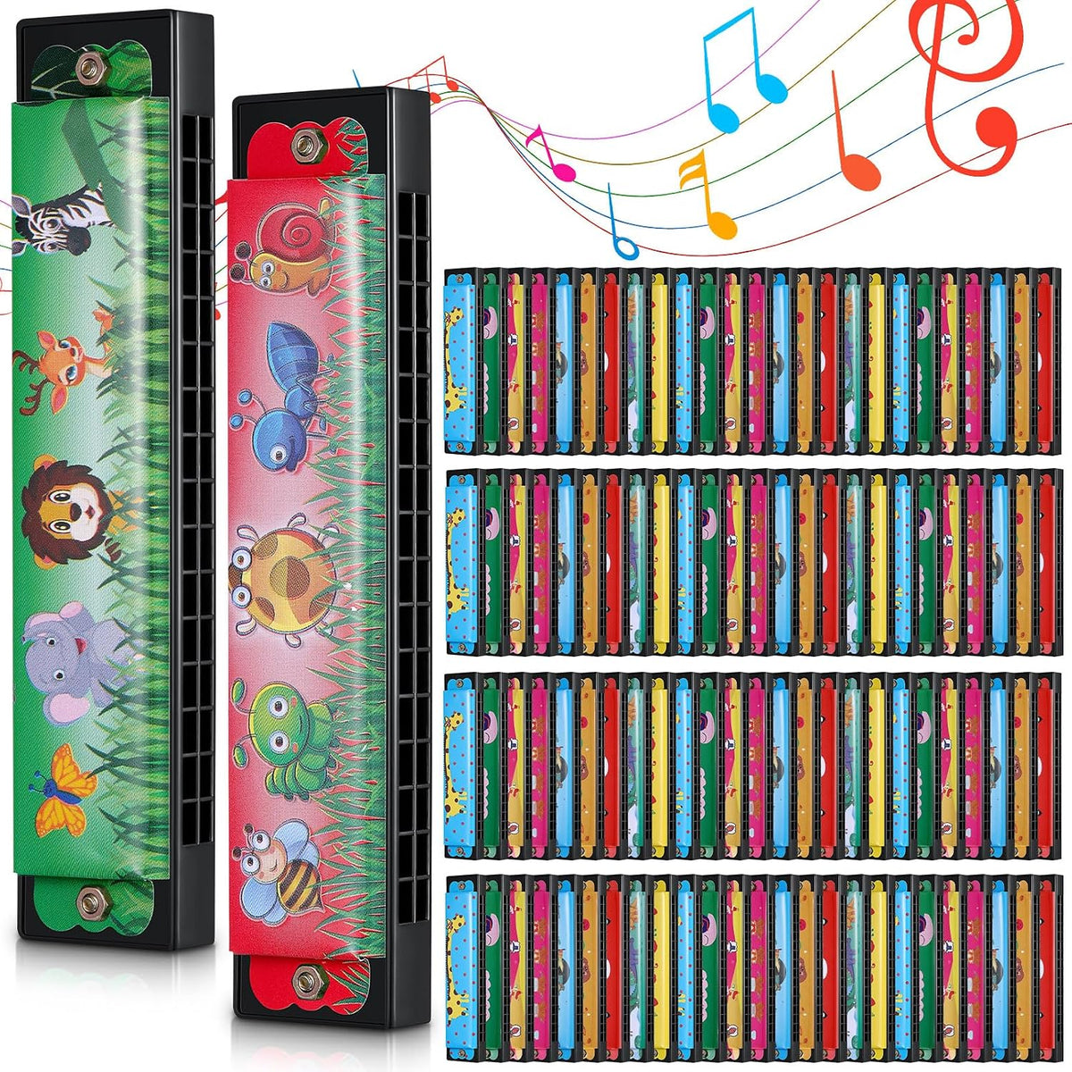 Fiada 100 pack harmonicas for kids with 16 holes and cartoon prints