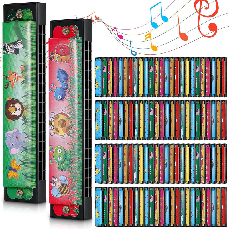 Fiada 100 pack harmonicas for kids with 16 holes and cartoon prints