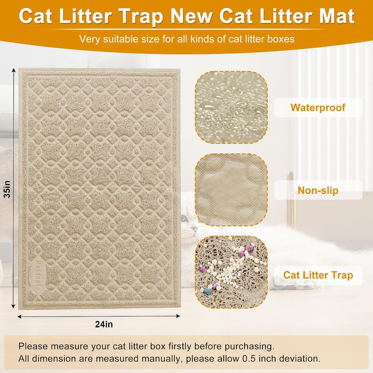 35x24 Inch Large Cat Litter Box Mat, Scatter Control, Waterproof – Daily Care for Cats - 1 Count (Pack of 1) / L-Beige - image 2