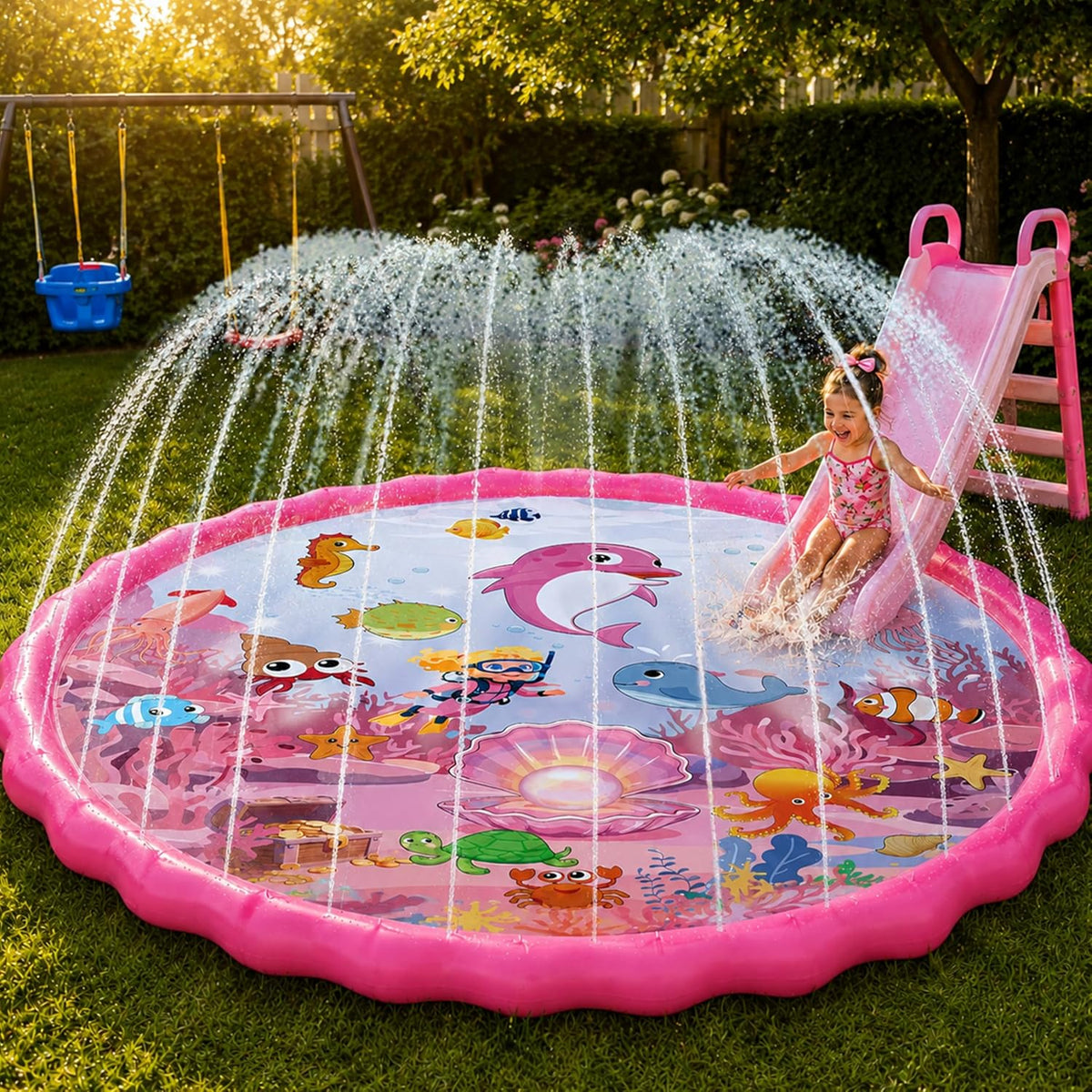 Yeeeasy 69 inch pink ocean splash pad for kids with water sprinkler - view 4