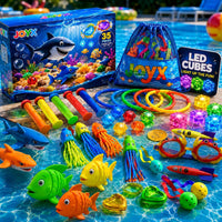 JoyX 35 piece glow pool diving toys set with LED cubes, diving rings, goggles and carry bag