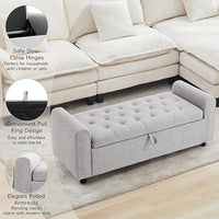 Ottoman with Storage, Tufted Storage Bench for Bedroom, 48" Fabrics End of Bed Bench, Upholstered Entryway Shoe Benches with Rolled Arm & Inner Zipper, Window Ottomans Chest without Rivets, Light Grey
