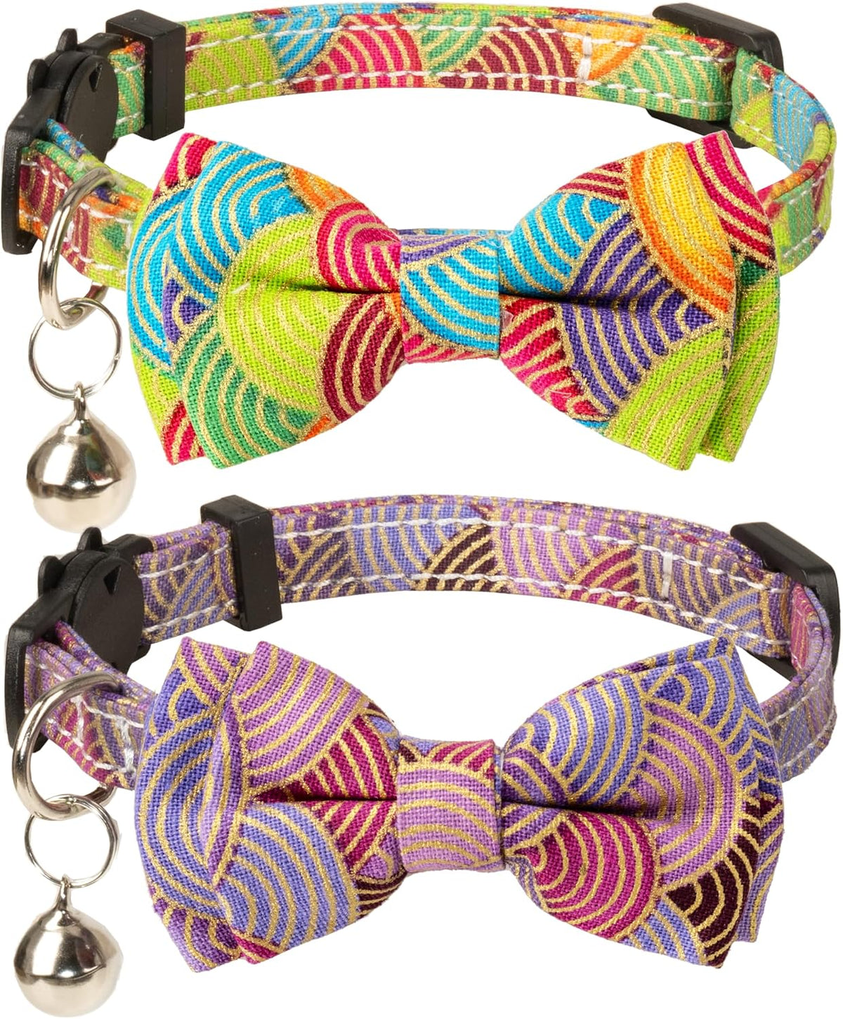 Collar for Cat Pet Breakaway with Bell Bowtie Detachable Bow - Kimono-Green & Purple