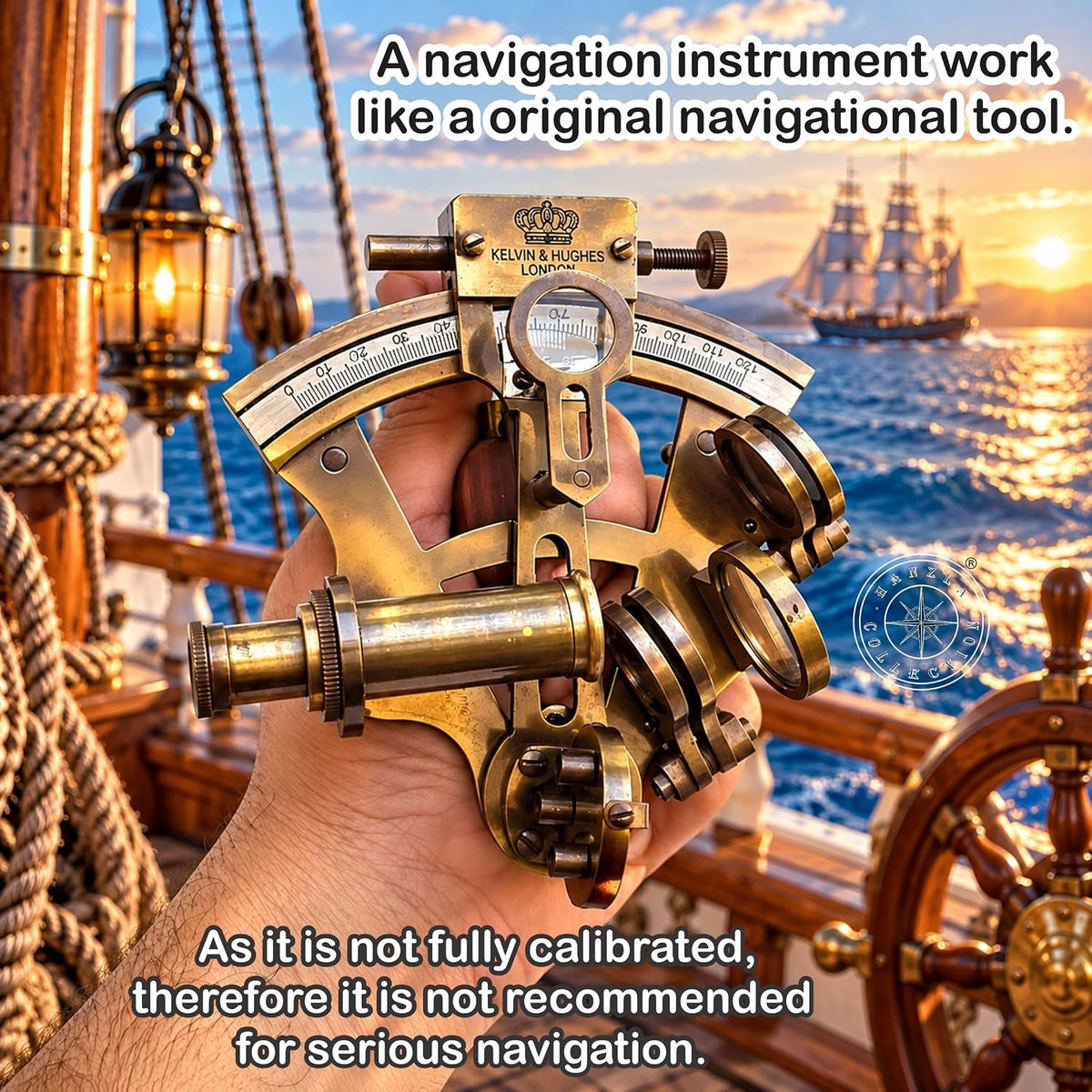Hanzla Collection antique brass nautical sextant with wooden box and two extra sighting telescopes - view 2