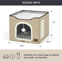 Bedsure Cat Beds for Indoor Cats - Large Cat Cave for Pet Cat House with Fluffy Ball Hanging and Scratch Pad, Foldable Cat Hideaway, 16.5x16.5x13 inches, Brown