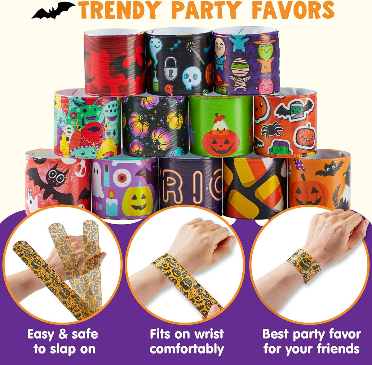 JOYIN 72 PCS Halloween Slap Bracelets for Kids - Spooky Night Mix - image 3