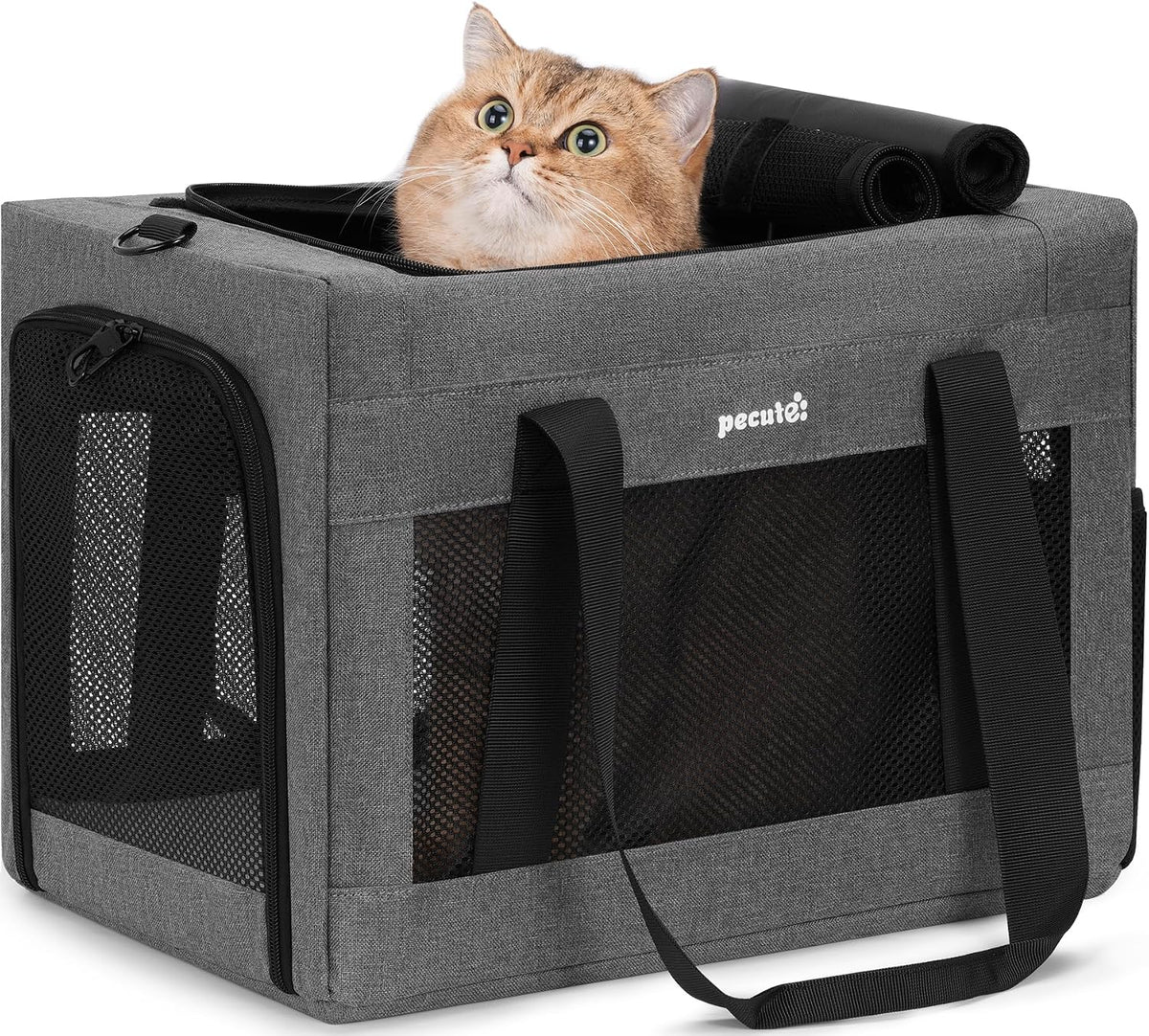 Pecute Cat Carrier, Portable Travel Pet Carrier with Stable Structure, Grey – Essentials for Cats - Grey / 16.7"L x 11.8"W x 12.5"H