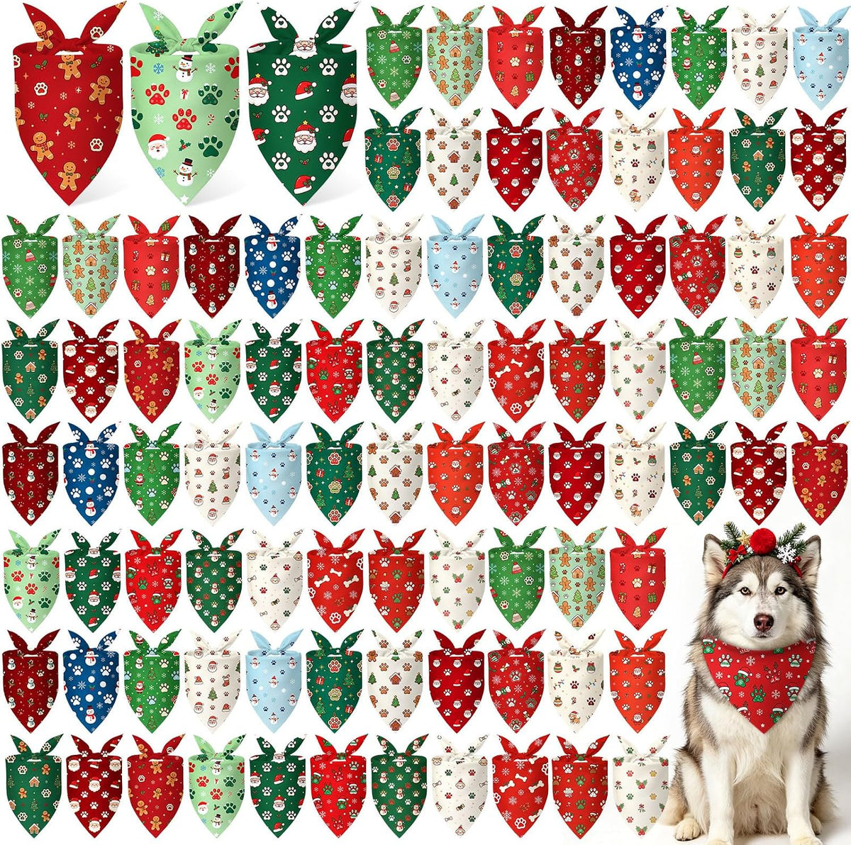Preboun 100 Pcs Fall Paw Print Dog Bandanas Bulk - Christmas Paw Print / 25.6 x 17.7 x 17.7 Inch