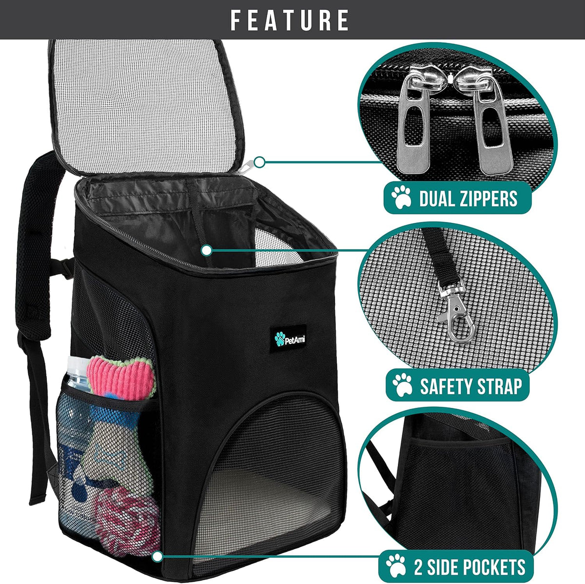 PetAmi Cat Backpack Carrier for Small Dogs and Large Cats - Black - image 3