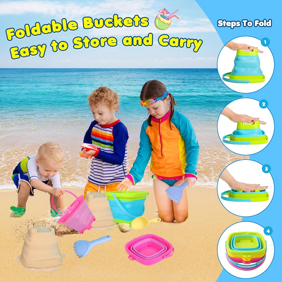 Xgunion collapsible beach sand buckets 3 pack with shovel, rake, scoop and mesh bag - view 4