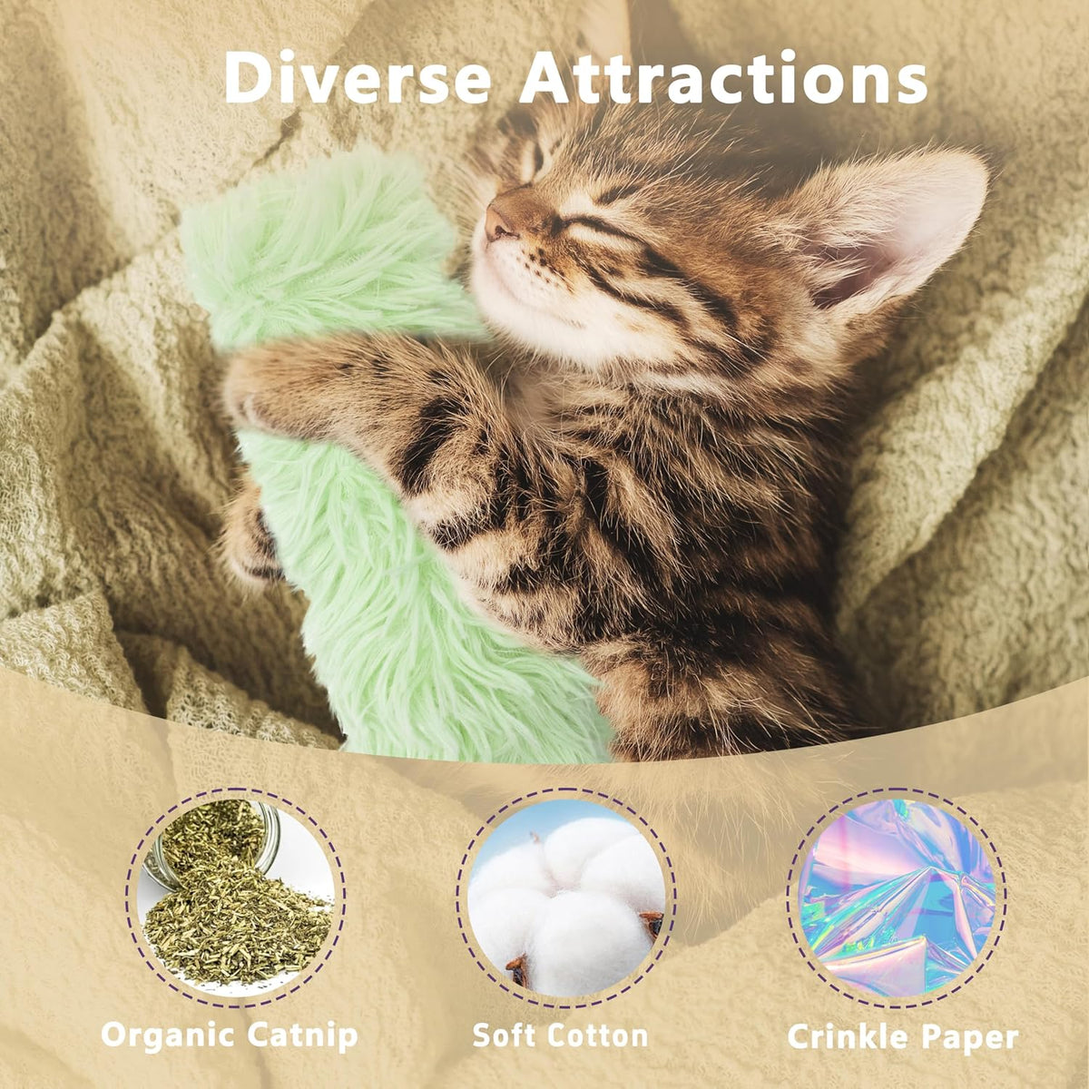 3 Pack Catnip Toys, Soft and Durable Cat Pillows Toys - Green+Yellow+Gray - image 3