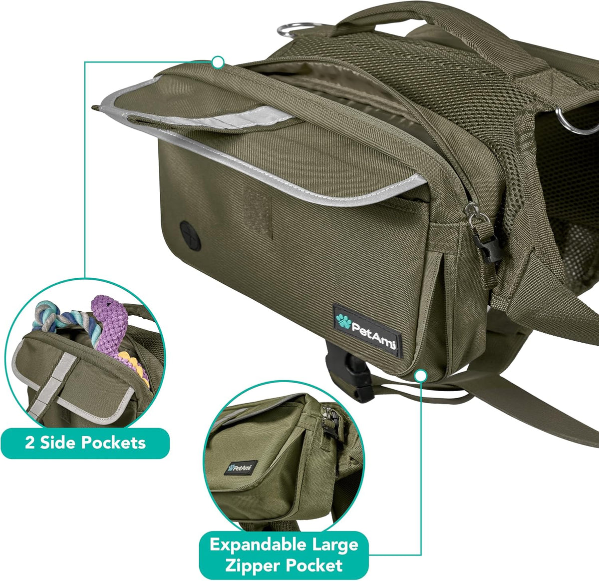 PetAmi Dog Backpack for Medium Large Dogs, Hiking Saddle Bag - Medium / Olive Canvas - image 2