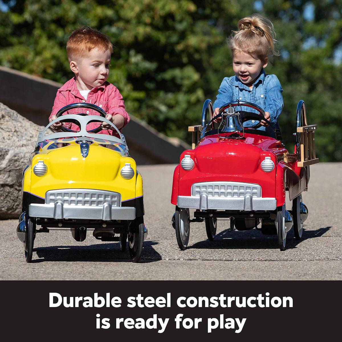 Kid Trax red fire truck pedal car for toddlers with chrome hubcaps, bell and detachable ladders - view 4
