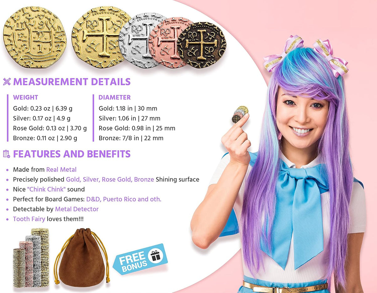 Leib Games metal pirate coins set with gold, silver, rose gold and bronze doubloons and pouch - view 2