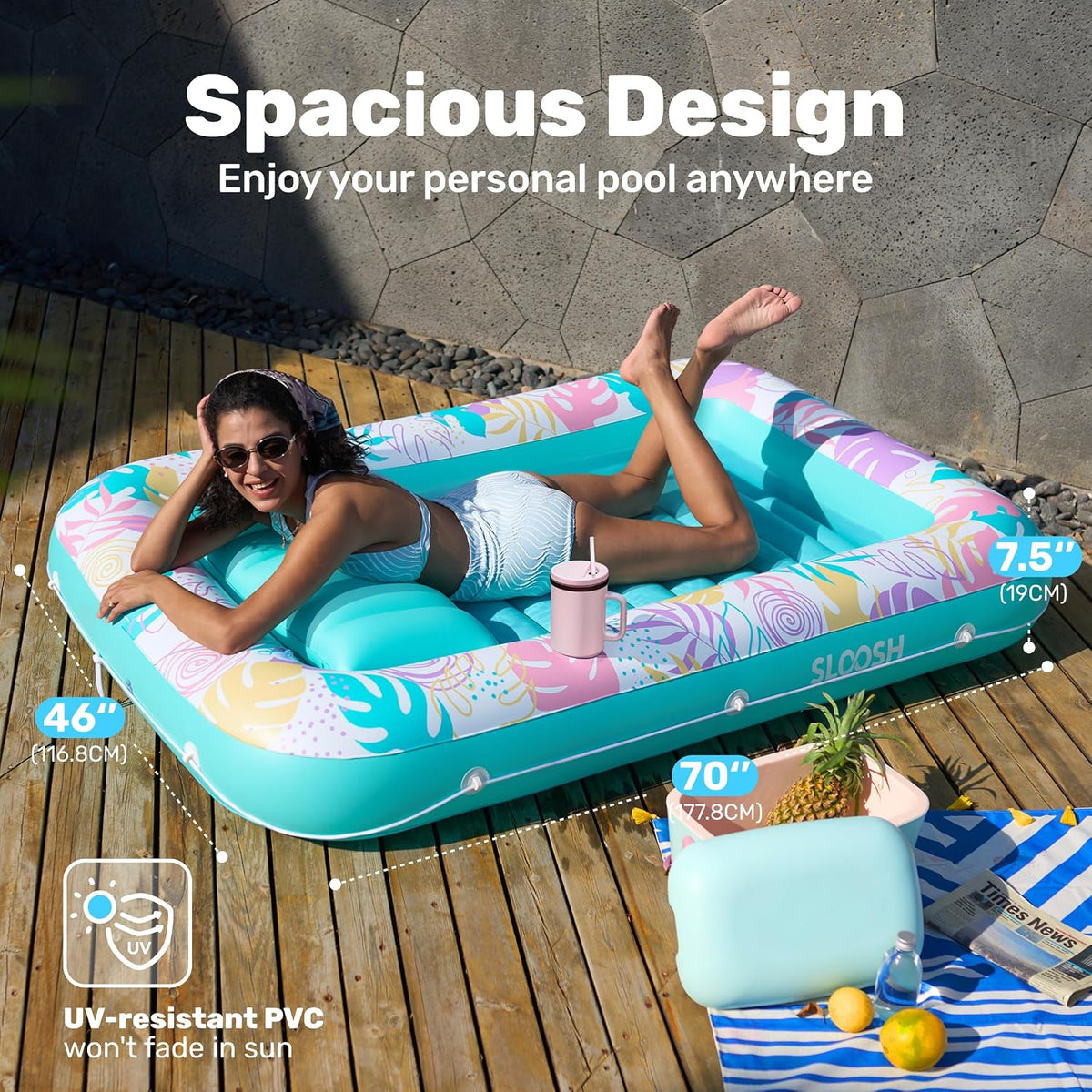 SLOOSH Inflatable Tanning Pool Lounger Float - Tropical Blue / Large - image 2