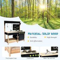 Mud Kitchen Playset for, Outdoor Wooden Toy Play Kitchen Set for Boys and Girls, Kitchen Accessories and Garden Sink with Faucet, Blackboard, Cookware Pot (Black)
