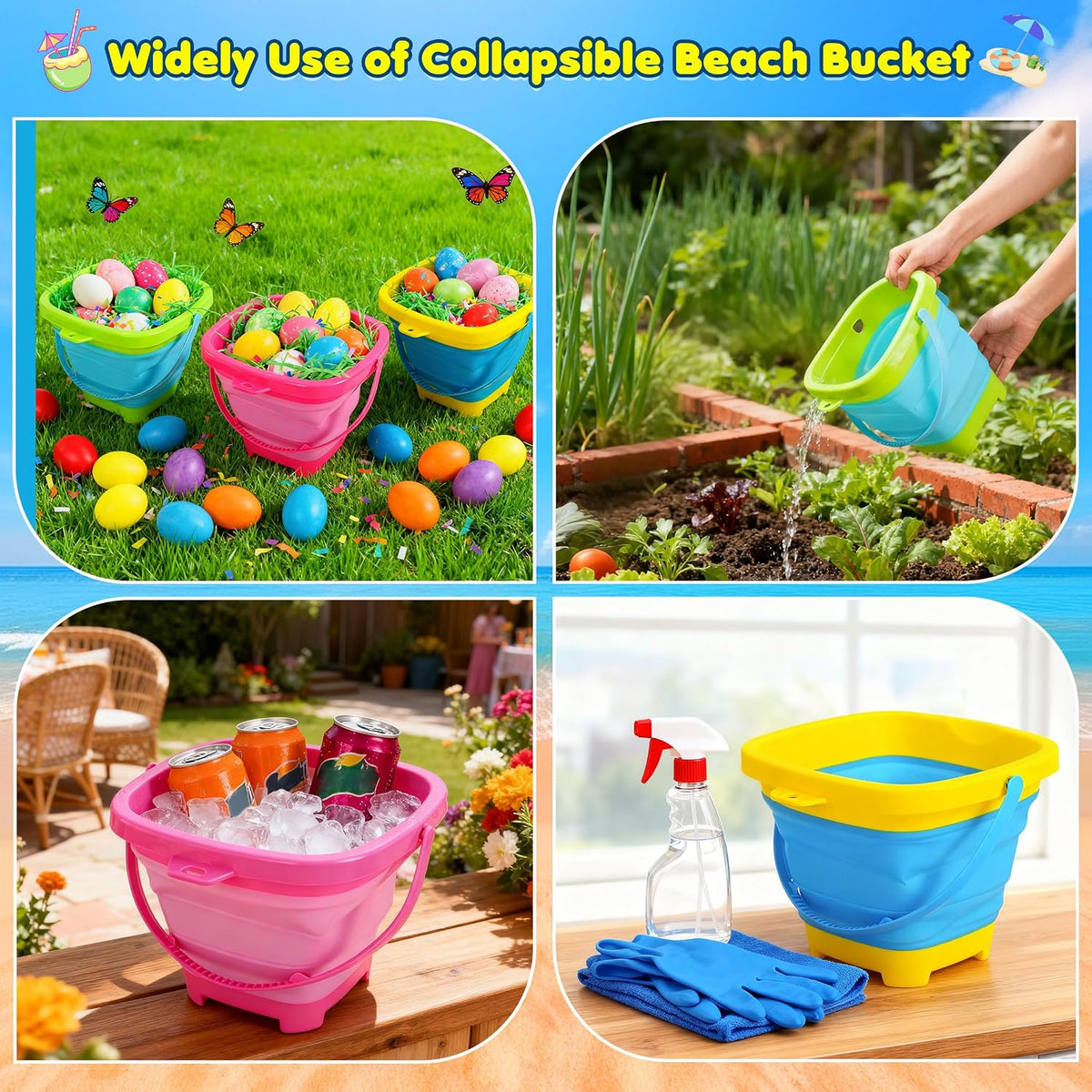 Xgunion collapsible beach sand buckets 3 pack with shovel, rake, scoop and mesh bag - view 5