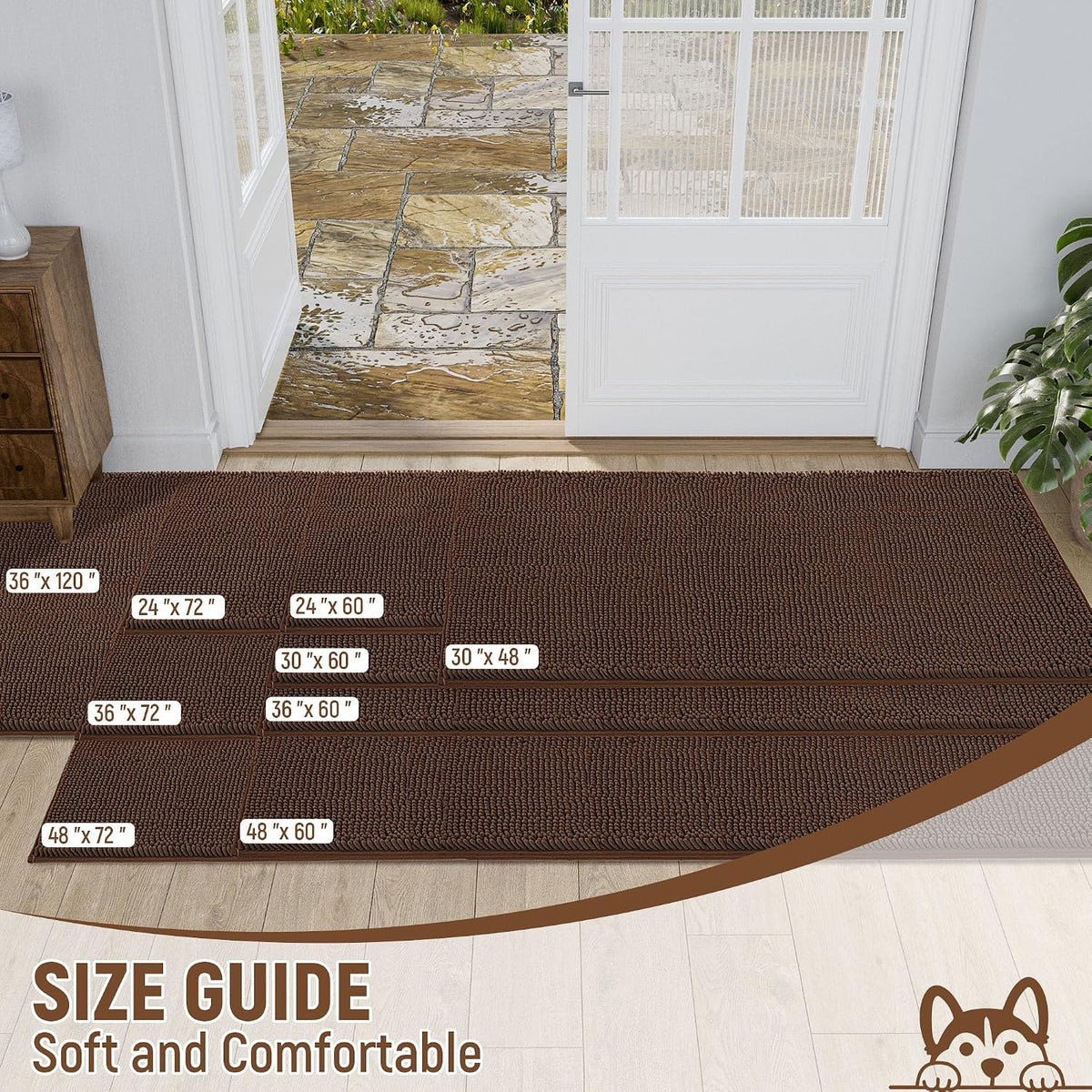 Absorbent Dog Door Mat for Muddy Paws - 60"L x 36"W x 1" Th / Brown - image 2