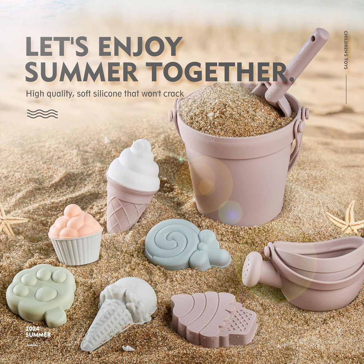 MarcZero silicone beach toys set with bucket, watering can, shovel and sand molds in pink - view 4