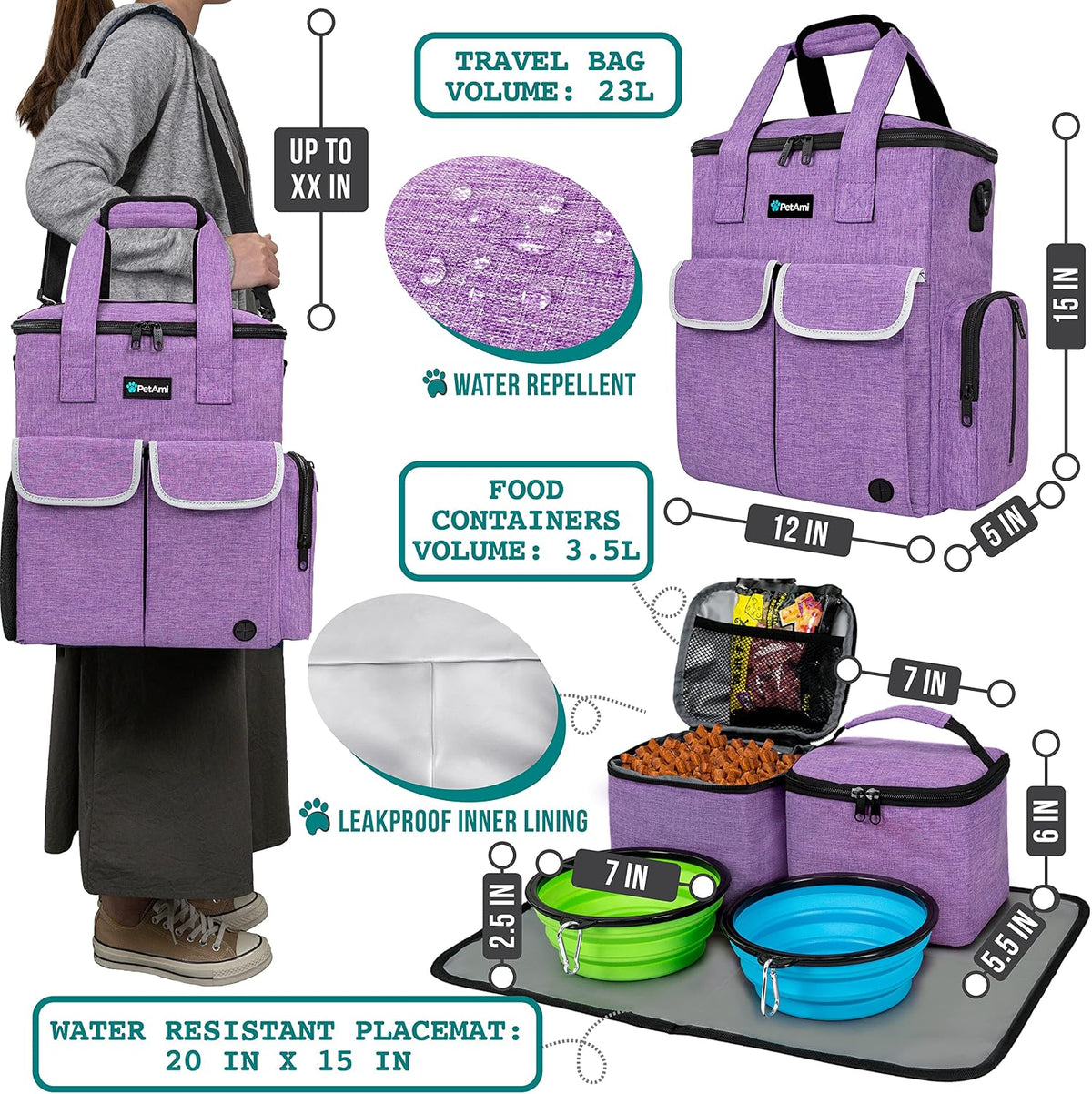 PetAmi Dog Travel Bag Organizer, Pet Supplies Diaper Tote - 12.0"L x 5.0"W x 15.0"H / Heather Purple - image 2